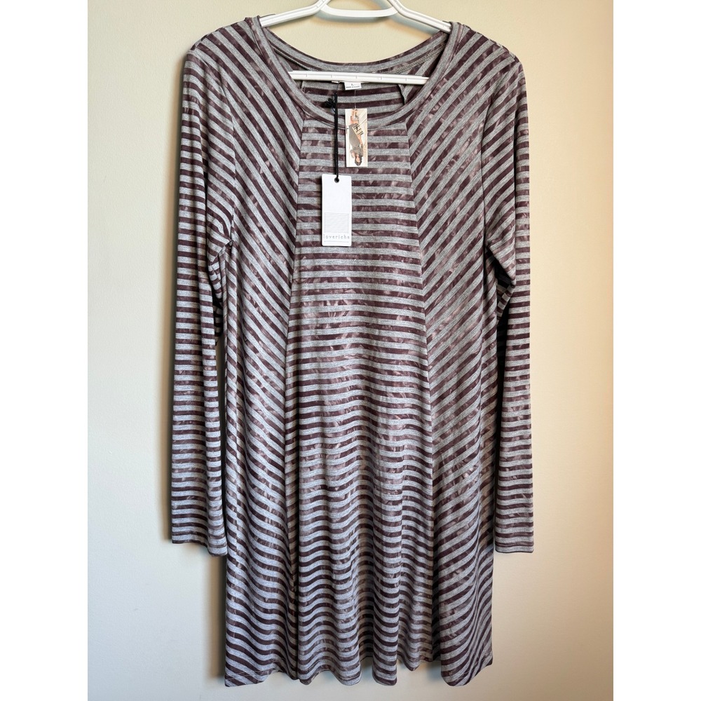 Loveriche Striped Long Sleeve Knit Dress Large Plum Gray Boho Casual Resort